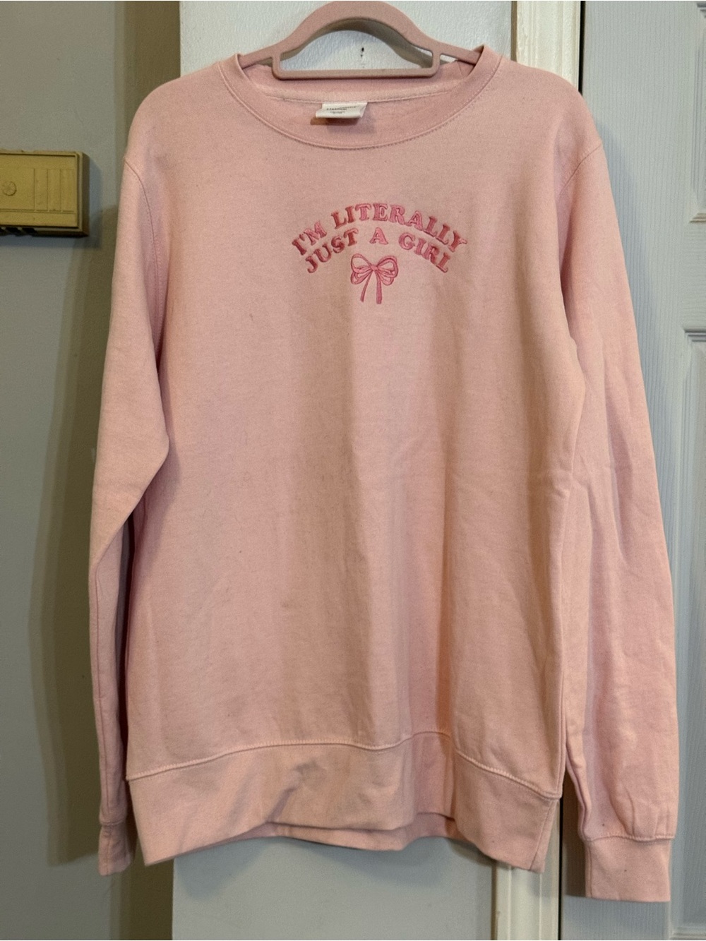Pink Graphic Crewneck Sweatshirt with Bow Embroidery
